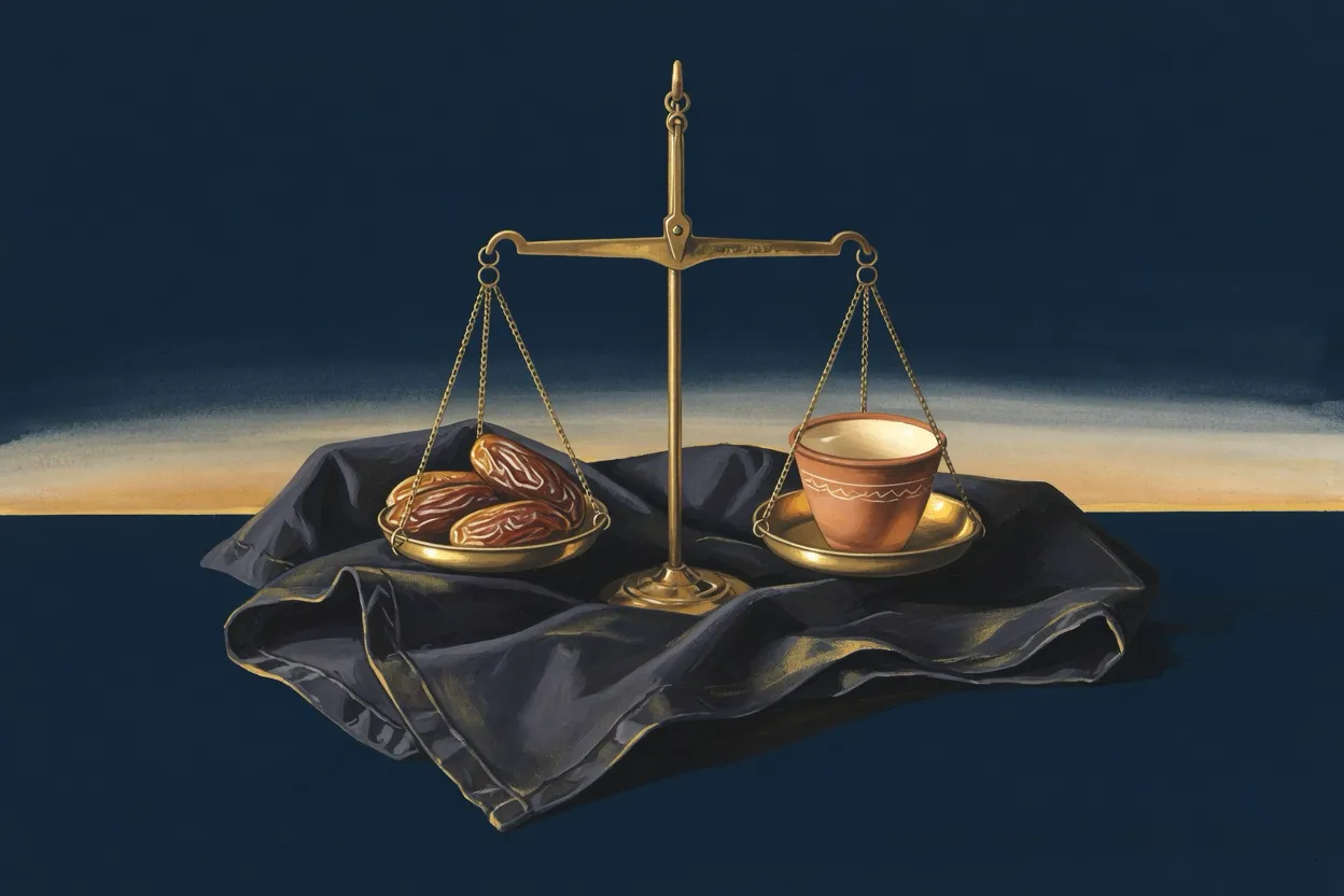 A simple brass balance scale on dark folded cloth, one pan holding a few dates and the other a small clay cup, both catching warm gold light against a deep navy horizon.