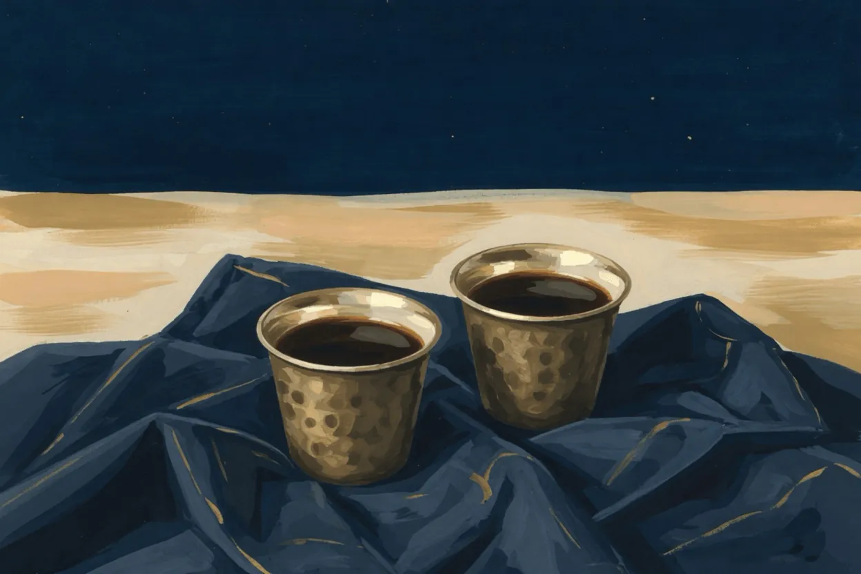 Two small hammered brass cups of dark coffee sitting close on folded navy cloth, a cream dusk band on a deep navy sky.