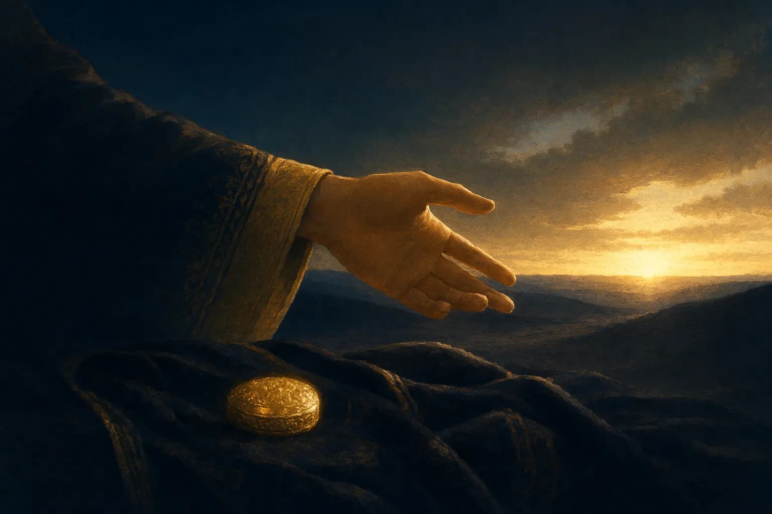 An open hand lowering a small glowing gold object down onto dark folded cloth and beginning to let go, the figure turning gently toward a thin band of warm dawn light breaking low on the deep navy horizon, the calm of setting something down and turning toward the morning.