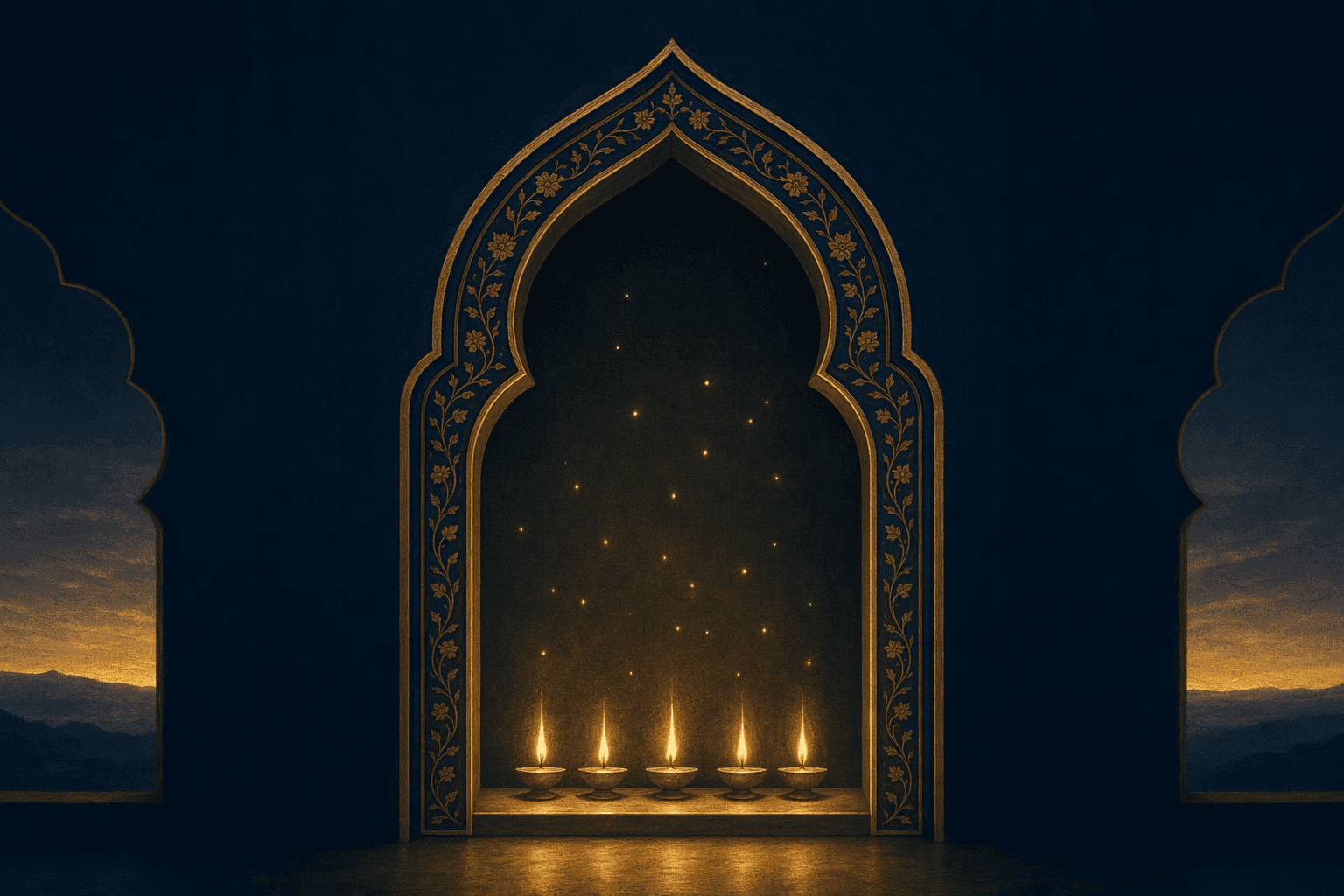 A dark navy prayer-bead cord curved into a gentle loop, five larger gold beads spaced evenly along the near arc catching warm light while smaller unlit beads trail into shadow behind them, the whole strand resting on folded deep-blue cloth beneath a thin band of gold dawn tracing the horizon.