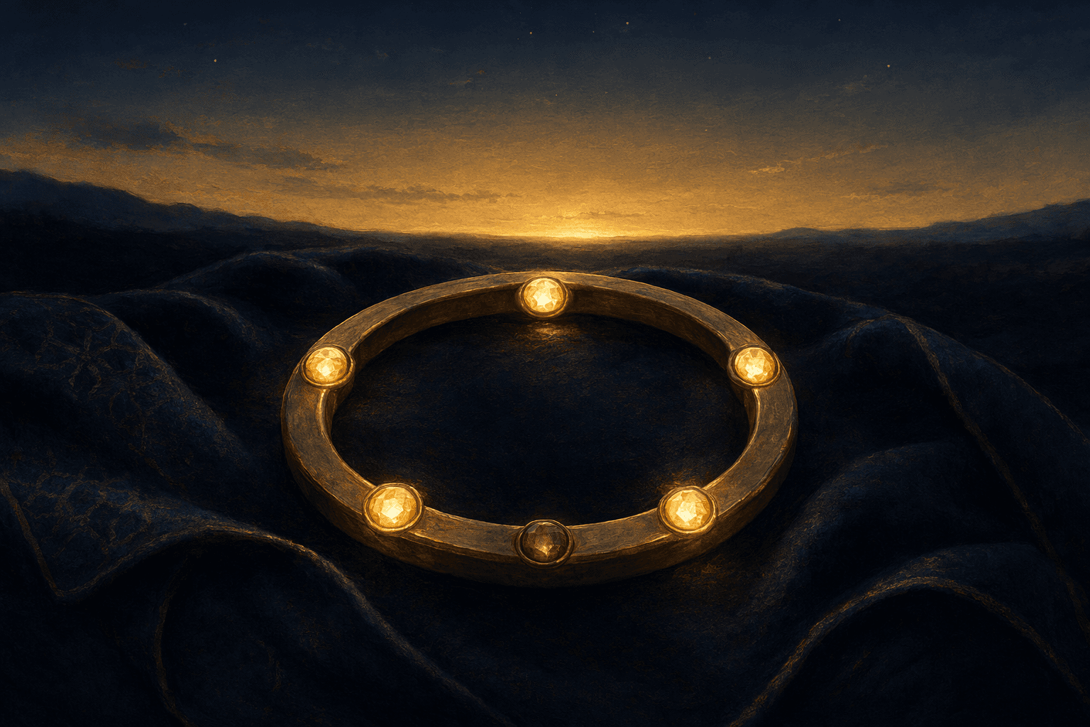A flat circular brass ring resting on dark folded cloth, set with five evenly spaced points of warm gold light around its band, four glowing fully and one faintly beginning to light, against a deep navy background with a thin line of gold dawn along the horizon.