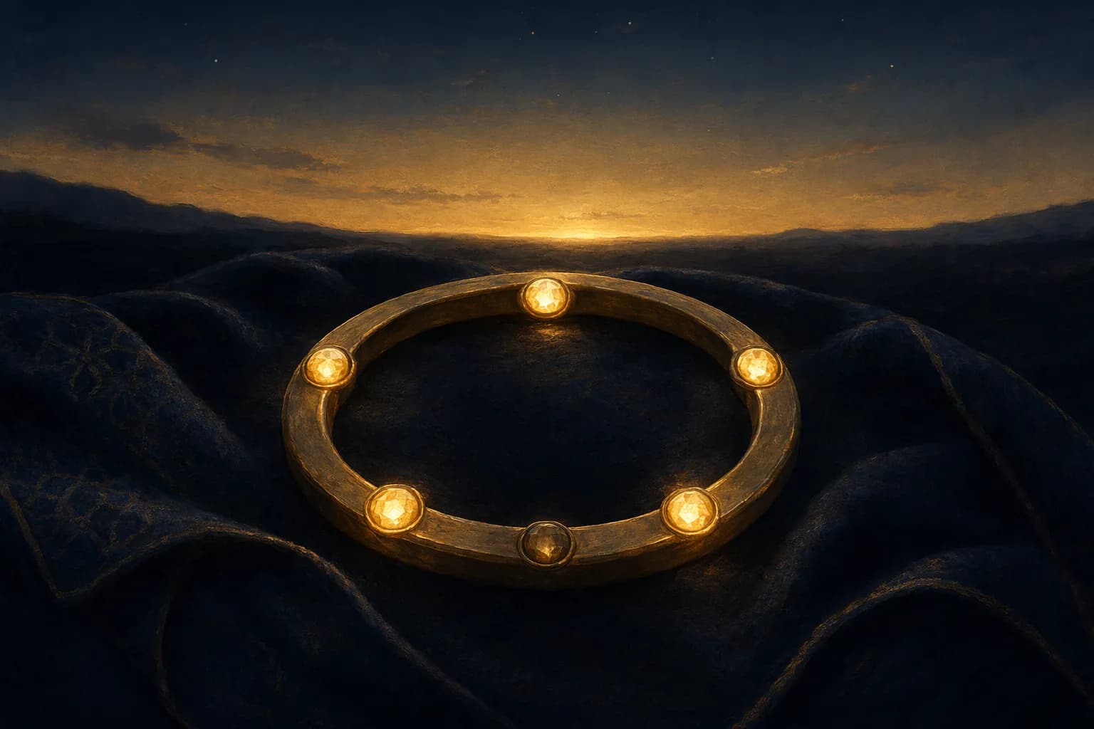 A flat circular brass ring resting on dark folded cloth, set with five evenly spaced points of warm gold light around its band, four glowing fully and one faintly beginning to light, against a deep navy background with a thin line of gold dawn along the horizon.