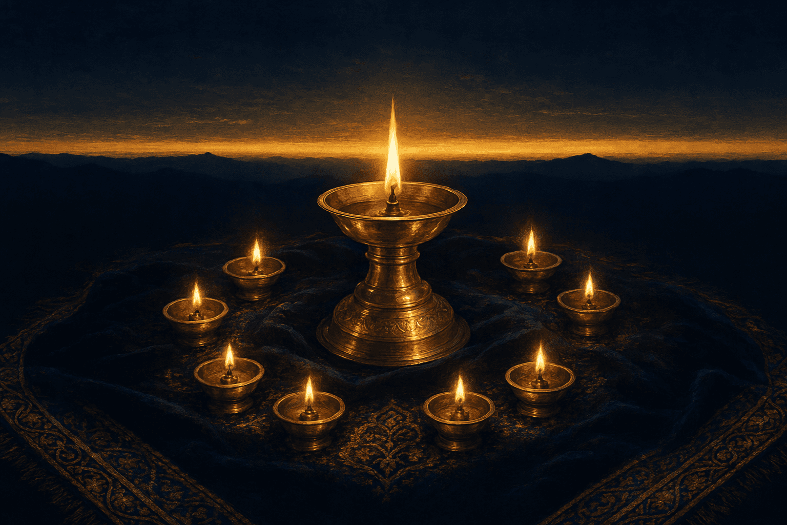 One central brass oil lamp with a tall steady gold flame on dark folded prayer cloth, a gentle ring of smaller brass votive lamps kindled around it with softer warm flames, pools of gold gathering between them and a thin band of pre-dawn gold tracing the deep navy horizon behind.
