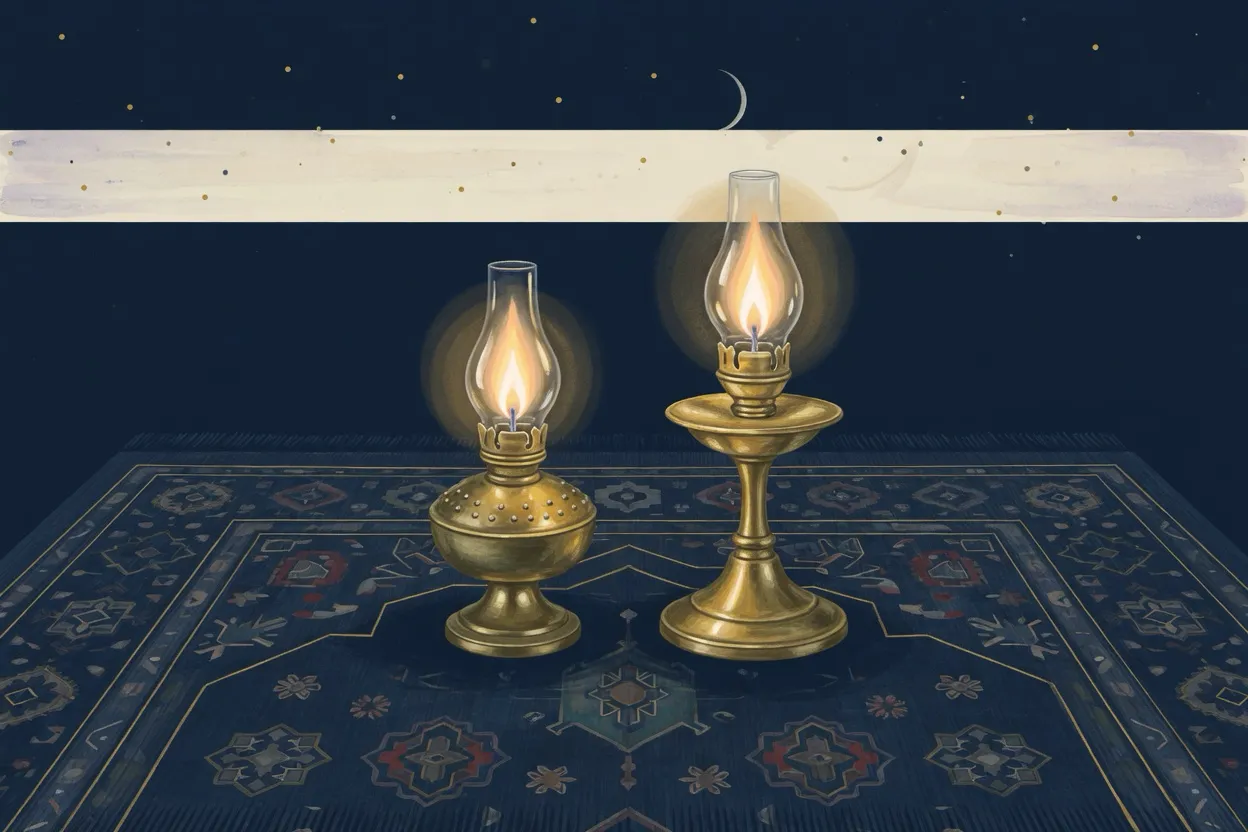 Two small brass lamps side by side on a dark prayer rug, one slightly taller, both lit with the same warm gold flame under a deep navy night.