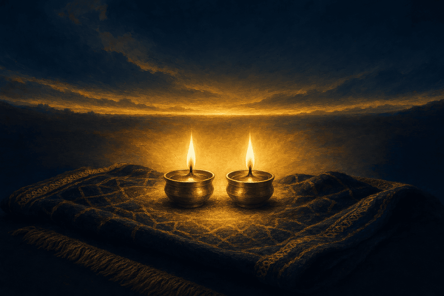 Deux petites lampes à huile en laiton identiques posées côte à côte sur un tapis de prière sombre à motifs, chacune brûlant d'une flamme dorée calme et régulière, leur lumière chaude se répandant bien plus largement que deux si petites lampes ne le devraient, l'aube dorée bas sur l'horizon derrière.