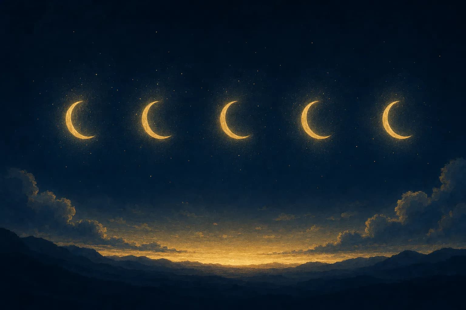 A horizontal row of five identical, evenly spaced golden crescent moons glowing with the same warm light across a deep navy night sky, ringed by soft cream halos with faint stardust between them and a thin band of dawn light along the horizon below.