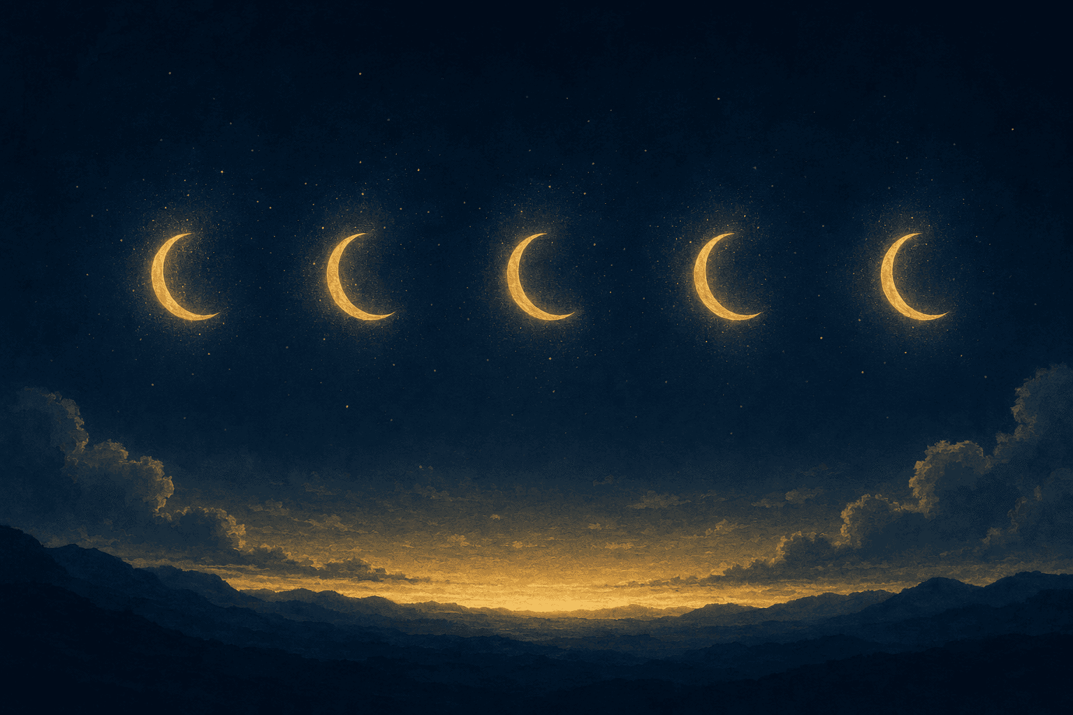 A horizontal row of five identical, evenly spaced golden crescent moons glowing with the same warm light across a deep navy night sky, ringed by soft cream halos with faint stardust between them and a thin band of dawn light along the horizon below.