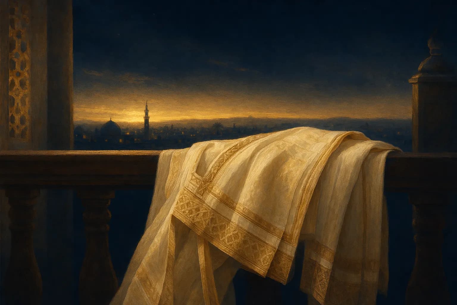 A softly folded length of pale cream-and-gold prayer garment draped over a dark wooden rail, catching warm gold light along its folds as though set aside with care and waiting to be worn again, deep navy calm around it and a thin band of pre-dawn gold on the horizon behind.