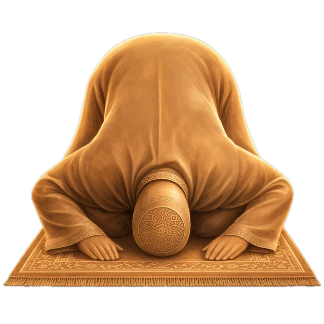 A faceless figure in sujud: forehead to the ground on a golden prayer mat, painted in deep navy and gold.