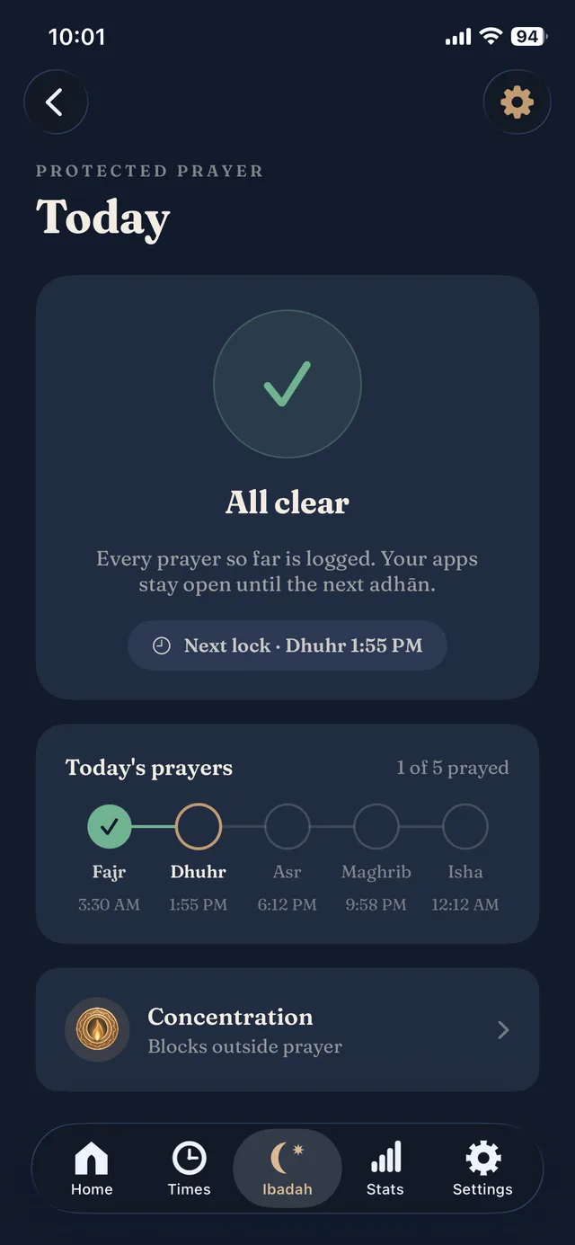 Deeny Protected Prayer home, apps stay open, next lock at Dhuhr