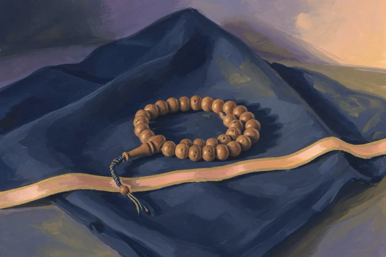 An unused string of wooden prayer beads on navy cloth.