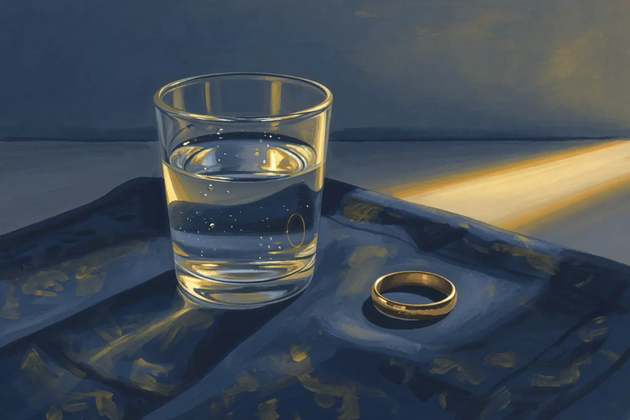 A glass of water in hard afternoon light on a dark cloth.