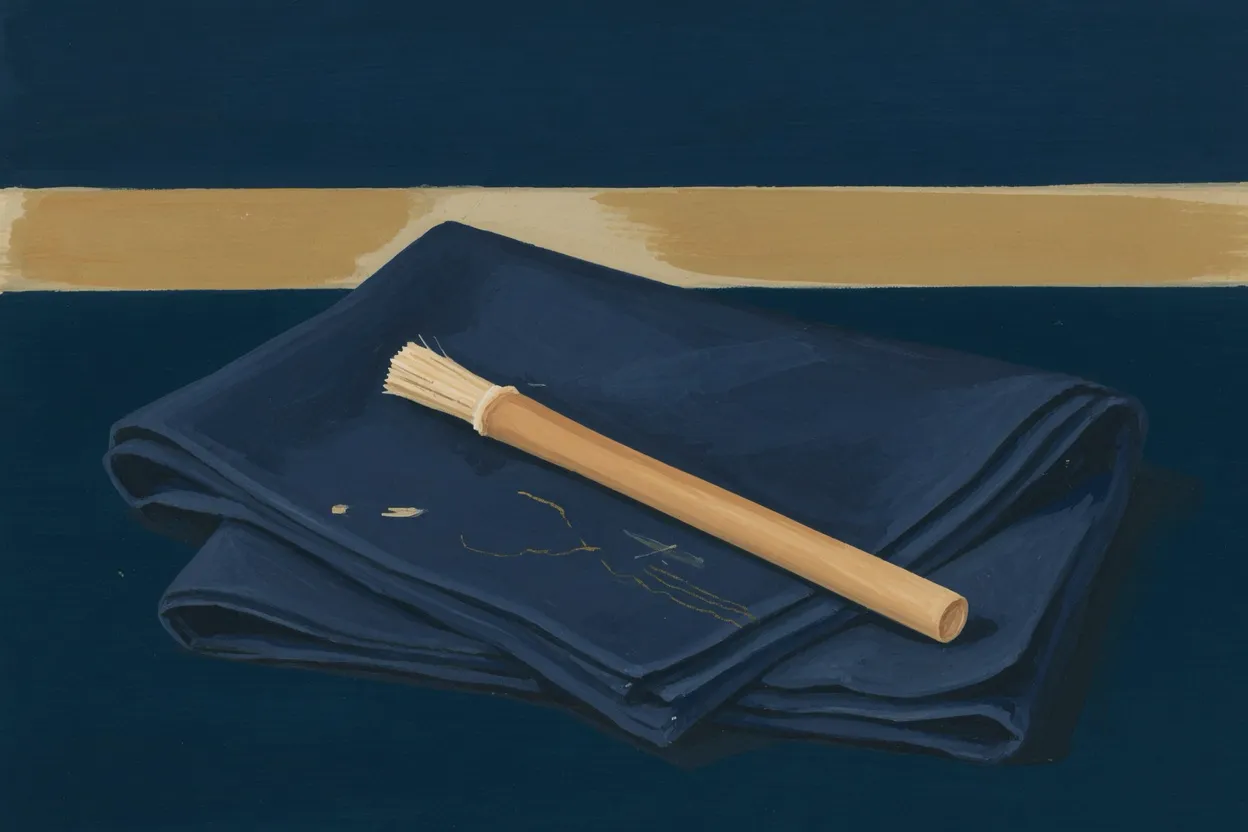 A wooden miswak on a folded navy cloth, a small first habit.