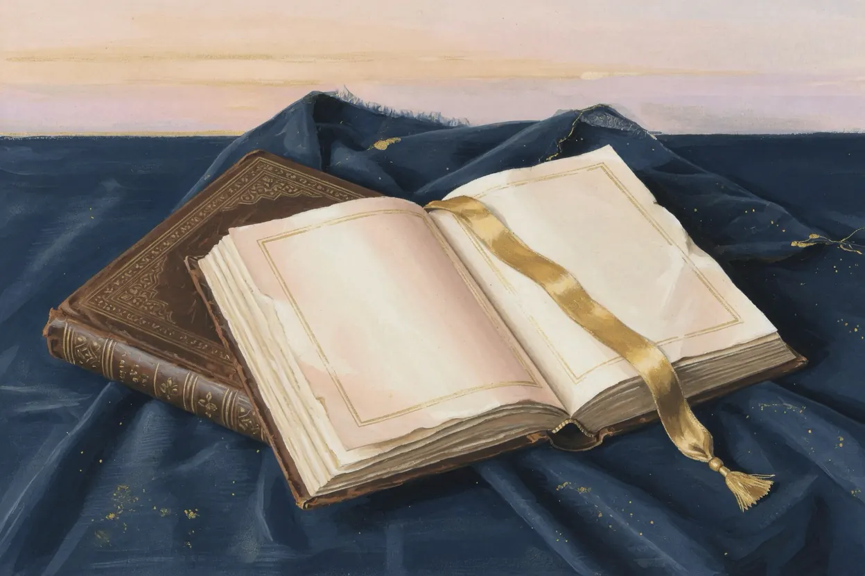 An open leather mushaf with blank cream pages and a gold ribbon.