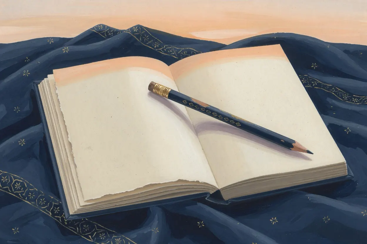 A pencil resting on a blank cream page of an open book.