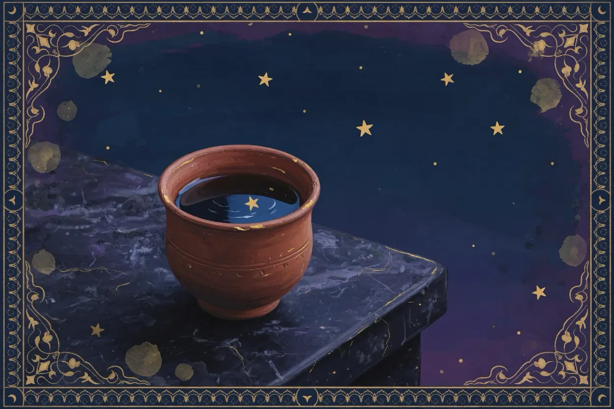 Une tasse d'argile d'eau sur un rebord de pierre sombre sous les étoiles.