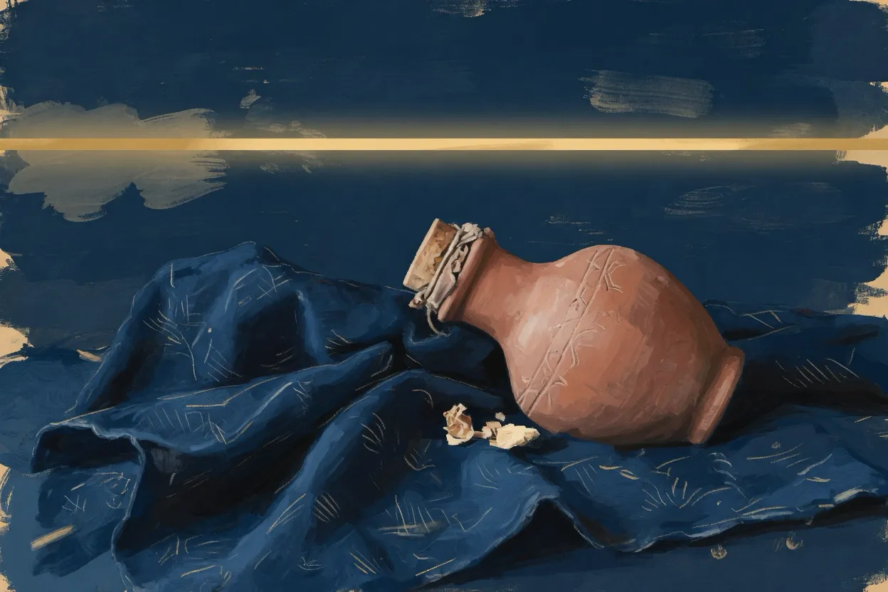 A stoppered clay flask lying on folded navy cloth.