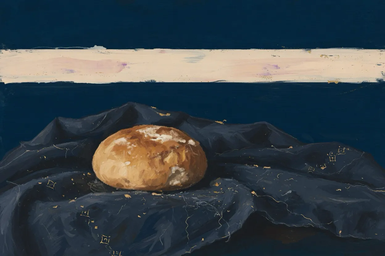 A small round loaf of bread on dark navy cloth.