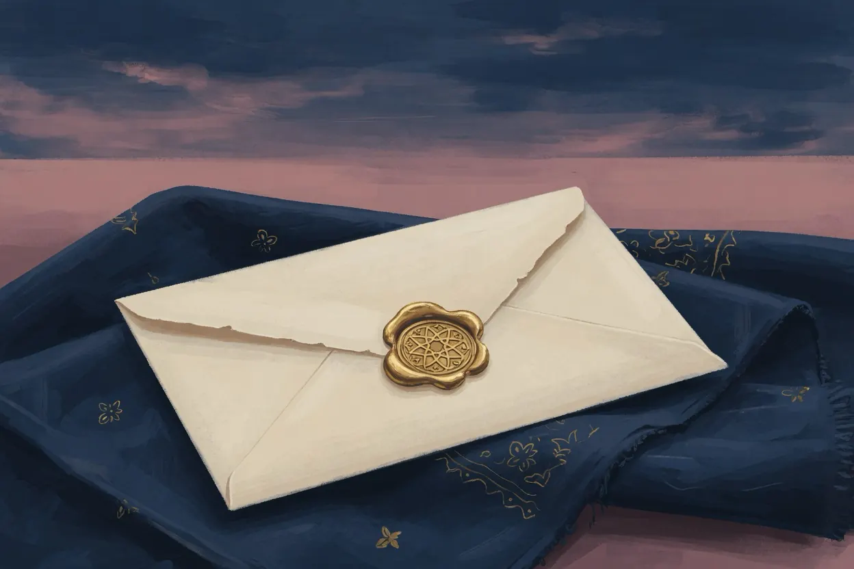 A closed cream envelope with a gold wax seal, no writing.