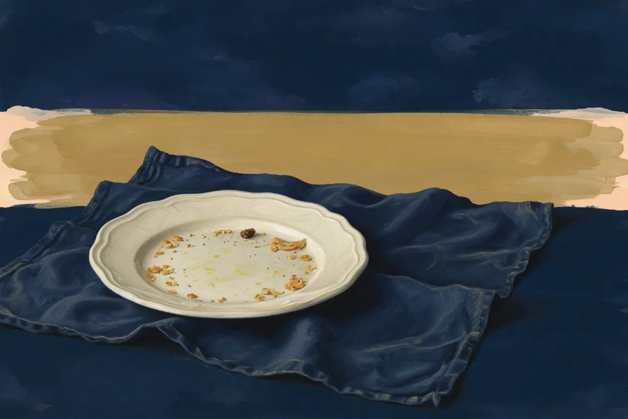 An empty cream plate with the last crumbs of suhoor on navy cloth.