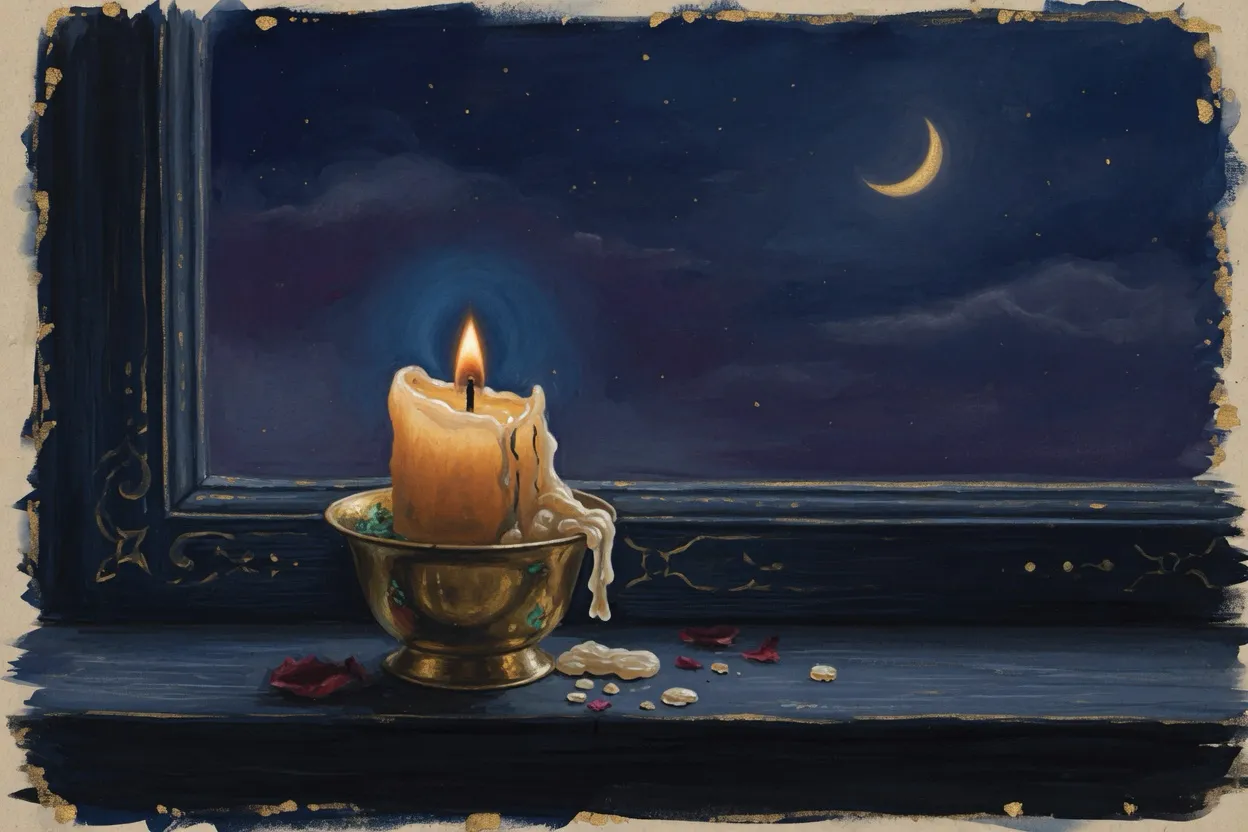 A short candle burned low in a brass cup on a night windowsill.