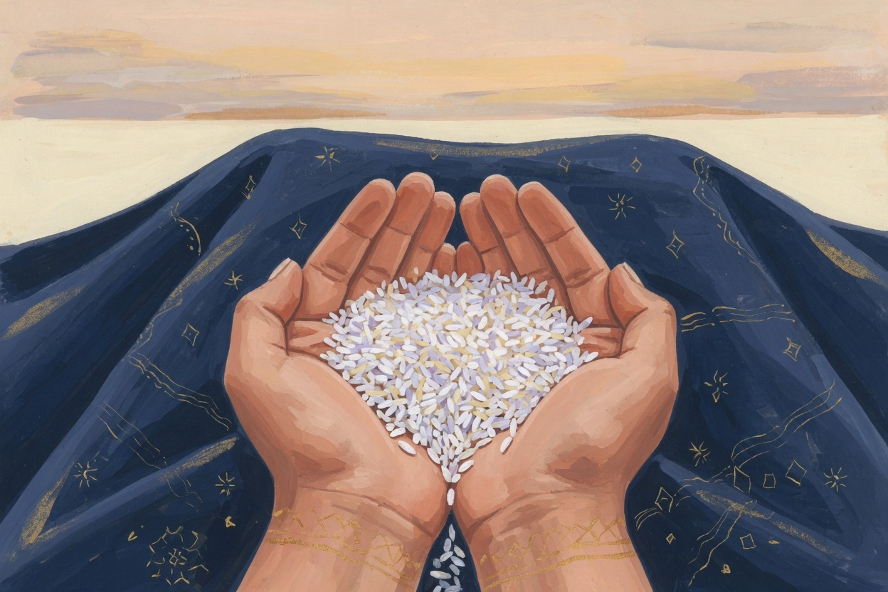 Two open hands holding a modest pile of rice.