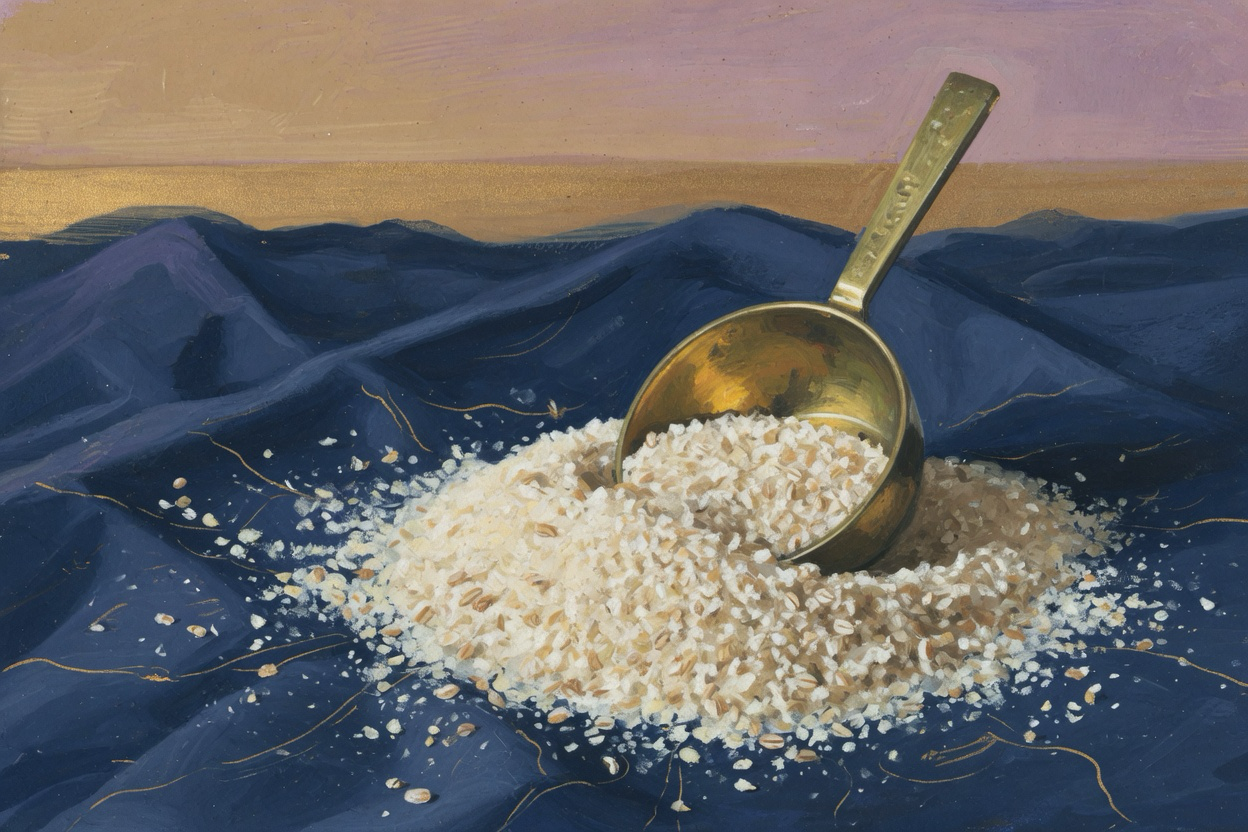 A brass scoop standing in a mound of pale grain on navy cloth.